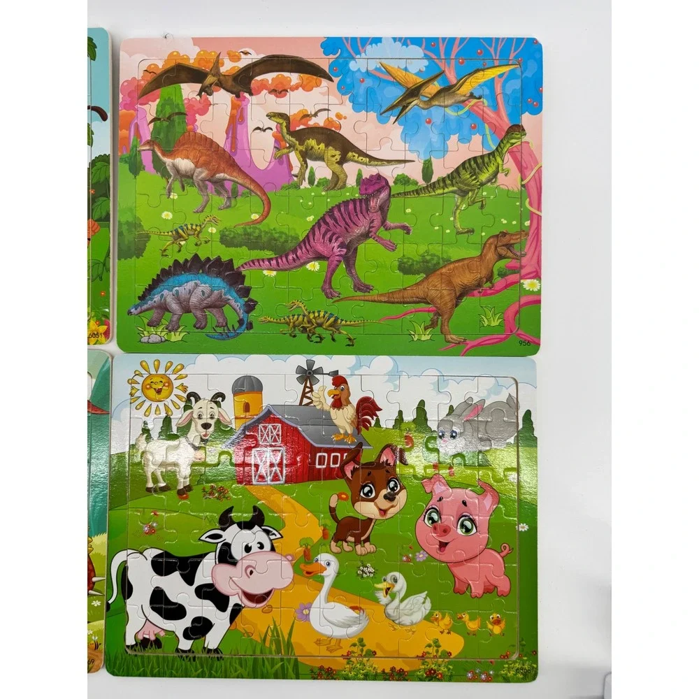 Kids 60 Piece Jigsaw Puzzle Set 4 Pack Dinosaurs Safari Farm Animals with Bag